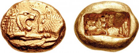 moneta lidyjska z VI w. p.n.e. o wadze 1 stetera zdjęcie na licencji Creative Commons Attribution-Share Alike 2.5 Generic Attribution: Classical Numismatic Group, Inc. http://www.cngcoins.com