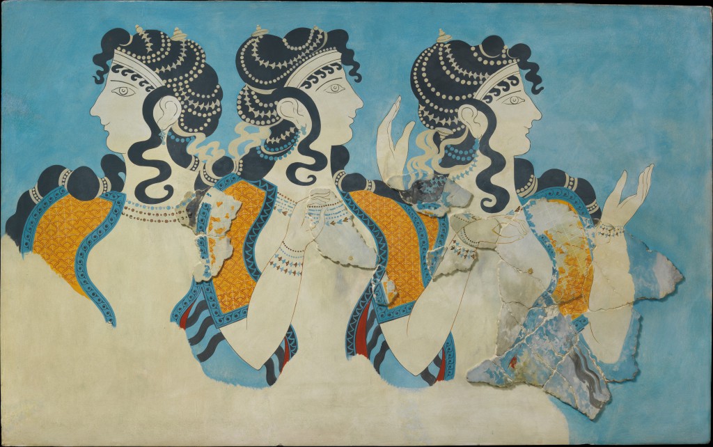 "Ladies in Blue" - fresk z Knossos, Kreta. XV w p.n.e. Źródło.